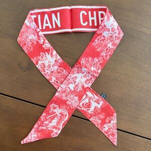 Designer Red and White Toile Silk Twilly Scarf